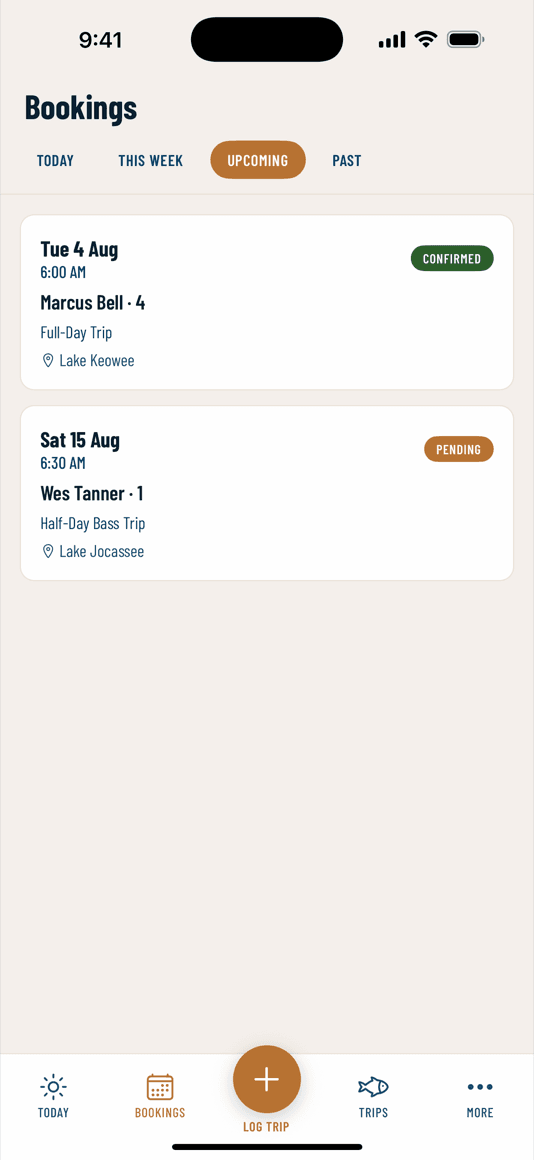 Upcoming bookings in HOOKED, showing confirmed and pending trips