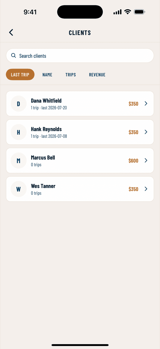 The client list in HOOKED, sorted by last trip with revenue per client