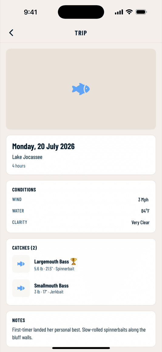 A logged trip in HOOKED: conditions, catches, and notes